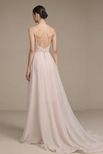 Simple Light Pink Long Prom Dress Spaghetti Straps A Line Formal Dress